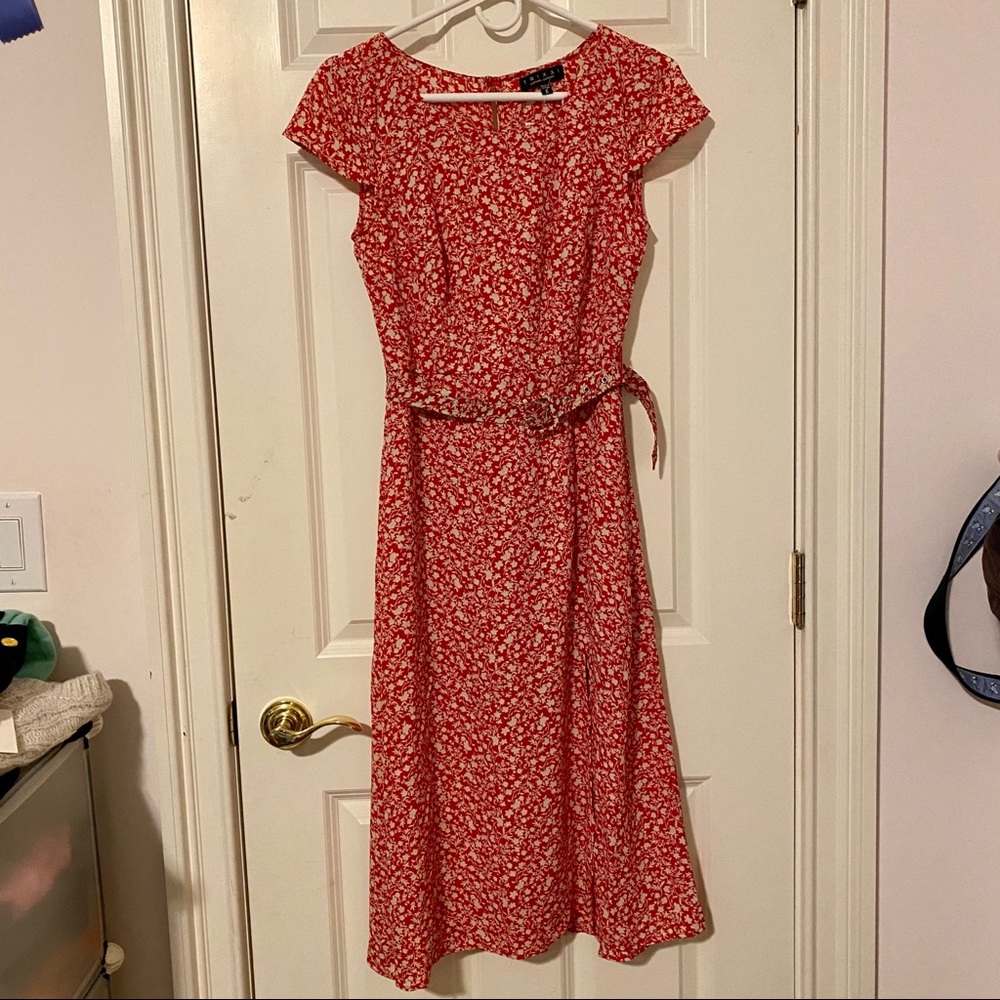 Red Floral Belted Dress